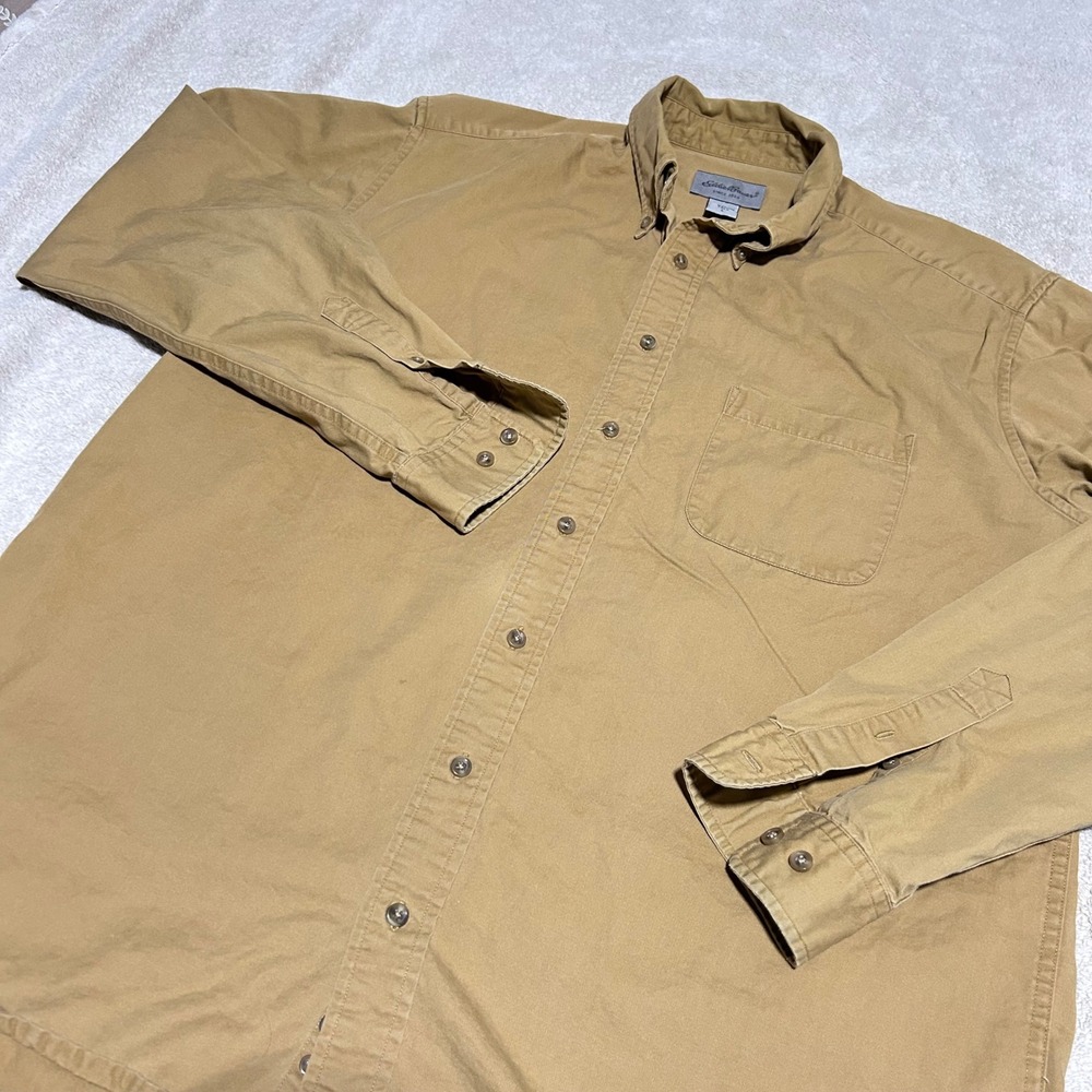Eddie Bauer Button Down Shirt Mens L Tall Tan Khaki Cotton Twill Long Sleeve
